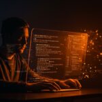 Desarrollador trabajando en código de parsing avanzado en JavaScript y TypeScript con metáforas visuales de robustez y escalabilidad en IA.