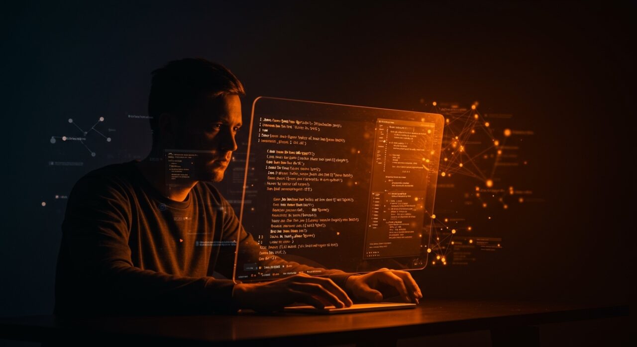 Desarrollador trabajando en código de parsing avanzado en JavaScript y TypeScript con metáforas visuales de robustez y escalabilidad en IA.