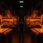 Pat Gelsinger en un laboratorio de semiconductores avanzado simbolizando el futuro tecnológico y la evolución de la Ley de Moore.