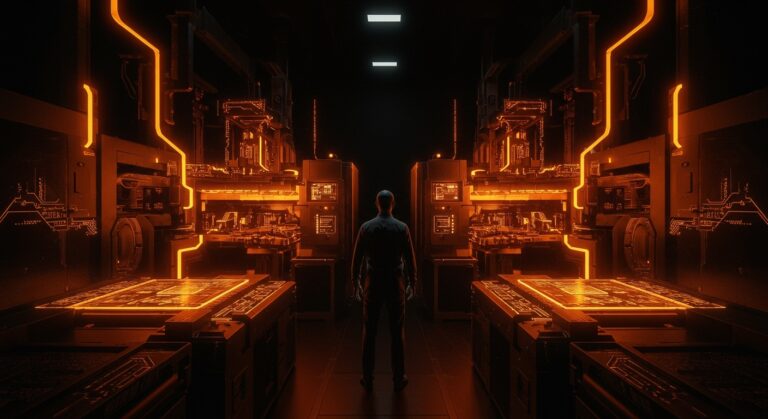 Pat Gelsinger en un laboratorio de semiconductores avanzado simbolizando el futuro tecnológico y la evolución de la Ley de Moore.