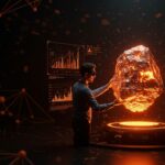 Fundador de startup observando mineral de cobre brillante con gráficos digitales sobre peak copper y transición energética.