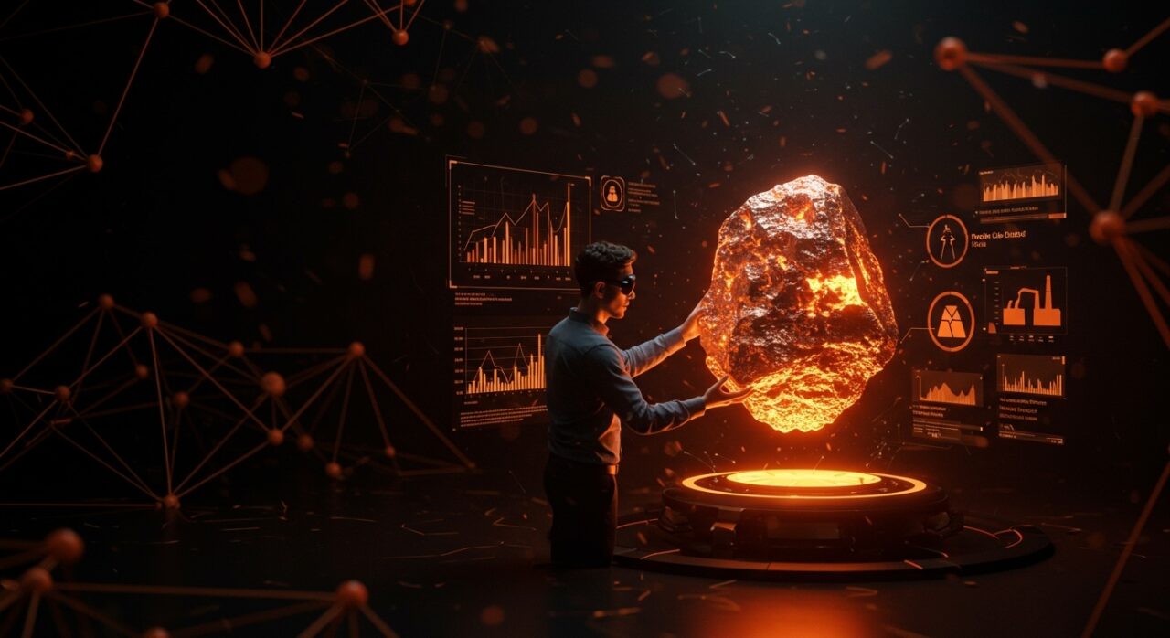 Fundador de startup observando mineral de cobre brillante con gráficos digitales sobre peak copper y transición energética.