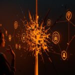 Brecha de datos en veterinaria tecnológica Petco-Vetco simbolizada con un muro digital fracturado y elementos de seguridad en color naranja y negro.