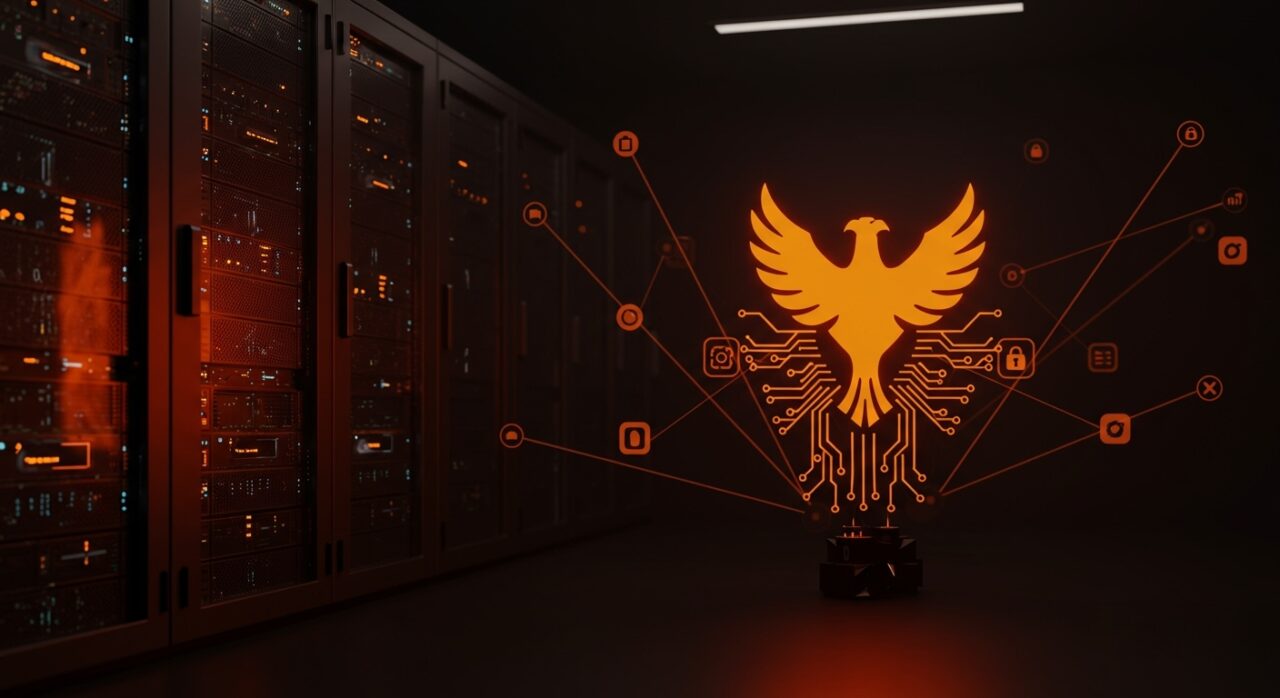Servidor gráfico Phoenix en Zig para Linux, representando innovación y seguridad como alternativa moderna a Xorg en entornos startup LATAM.