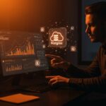 Workspace de startup con fundador y dashboards digitales que ilustran Postgres gestionado y escalabilidad en la nube, destacando PlanetScale Metal para SaaS en LATAM.