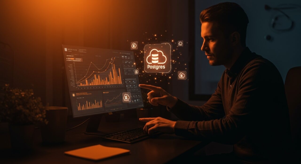 Workspace de startup con fundador y dashboards digitales que ilustran Postgres gestionado y escalabilidad en la nube, destacando PlanetScale Metal para SaaS en LATAM.