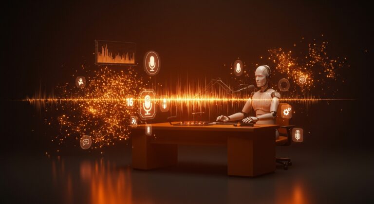 Estudio de podcast futurista con anfitrión de IA generando contenido sintético y visualizaciones digitales de clonación de voz y automatización en el mercado tecnológico.