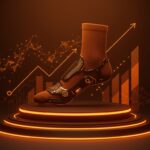 Calcetín biomecánico Podoks en pedestal futurista destacando innovación, inversión y expansión global en healthtech.