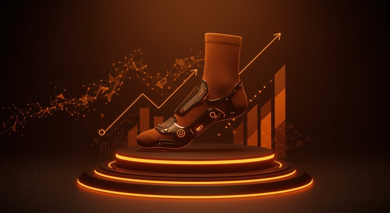 Calcetín biomecánico Podoks en pedestal futurista destacando innovación, inversión y expansión global en healthtech.