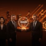 Políticos británicos interactuando con hologramas de OpenAI y Coinbase, simbolizando la integración entre política y tecnología en startups LATAM.