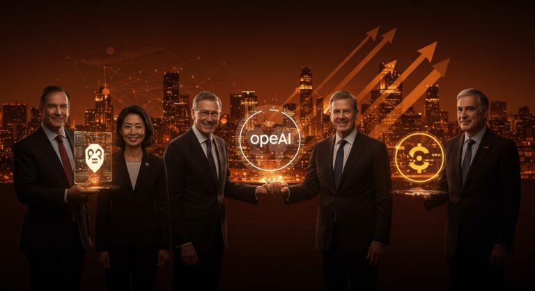 Políticos británicos interactuando con hologramas de OpenAI y Coinbase, simbolizando la integración entre política y tecnología en startups LATAM.