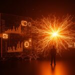 Founder tech frente a pantallas digitales que muestran crecimiento, automatización e inteligencia artificial aplicada en startups.