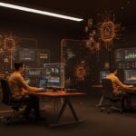 Entorno COSMIC en Pop!_OS 24.04 LTS mostrando colaboración de founders tech y software libre en un ambiente futurista con paleta naranja y negro.