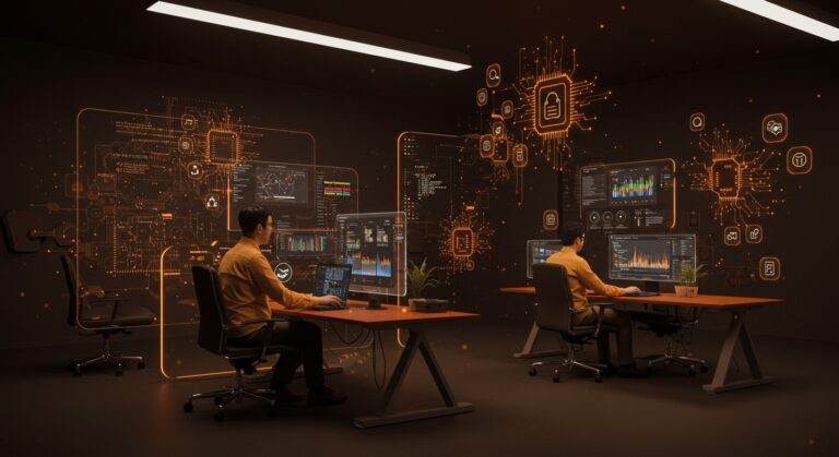 Entorno COSMIC en Pop!_OS 24.04 LTS mostrando colaboración de founders tech y software libre en un ambiente futurista con paleta naranja y negro.