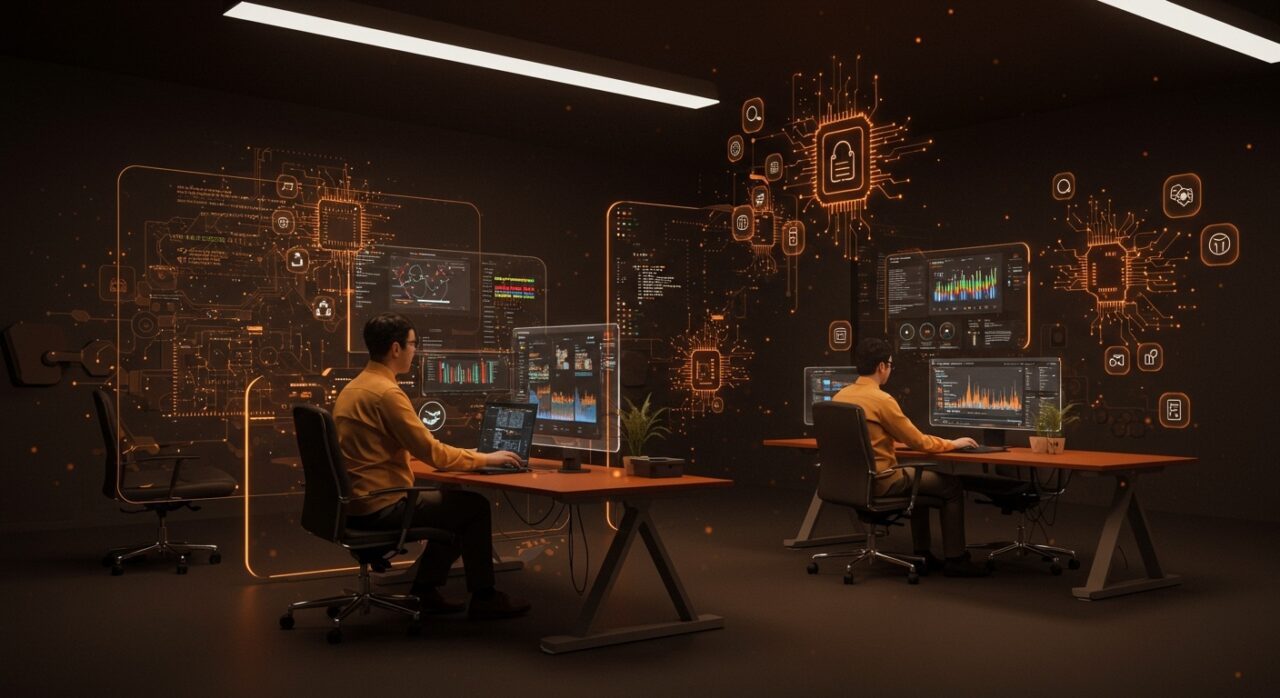 Entorno COSMIC en Pop!_OS 24.04 LTS mostrando colaboración de founders tech y software libre en un ambiente futurista con paleta naranja y negro.