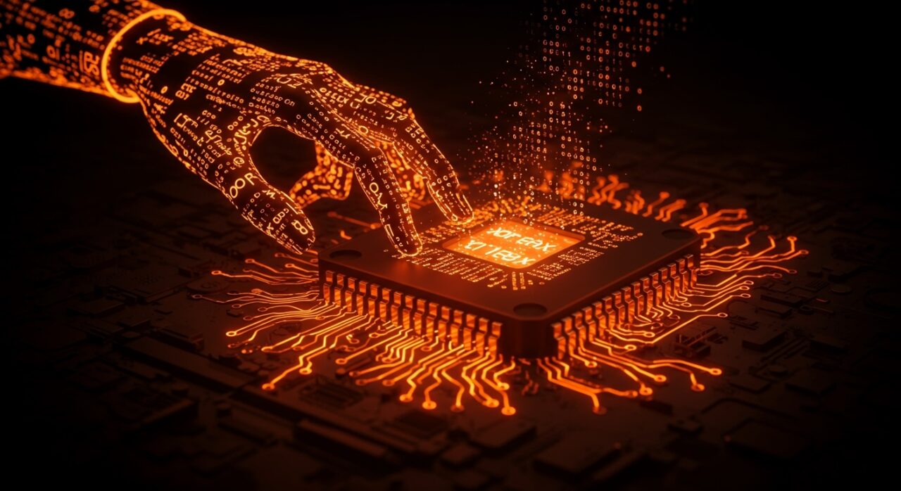 Optimización de compiladores en x86 representada con un chip de procesador y el comando 'xor eax, eax' destacando rendimiento y ensamblador.