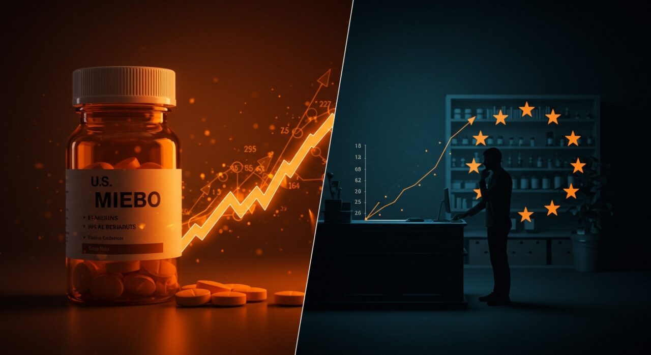 Diferencia de precio del medicamento MIEBO entre EE.UU. y Europa destacando regulación y mercado farmacéutico.
