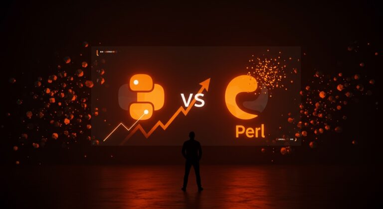 Lenguaje Python superando a Perl en popularidad tecnológica en 2025, con símbolo de fundador tech y tendencias de programación.