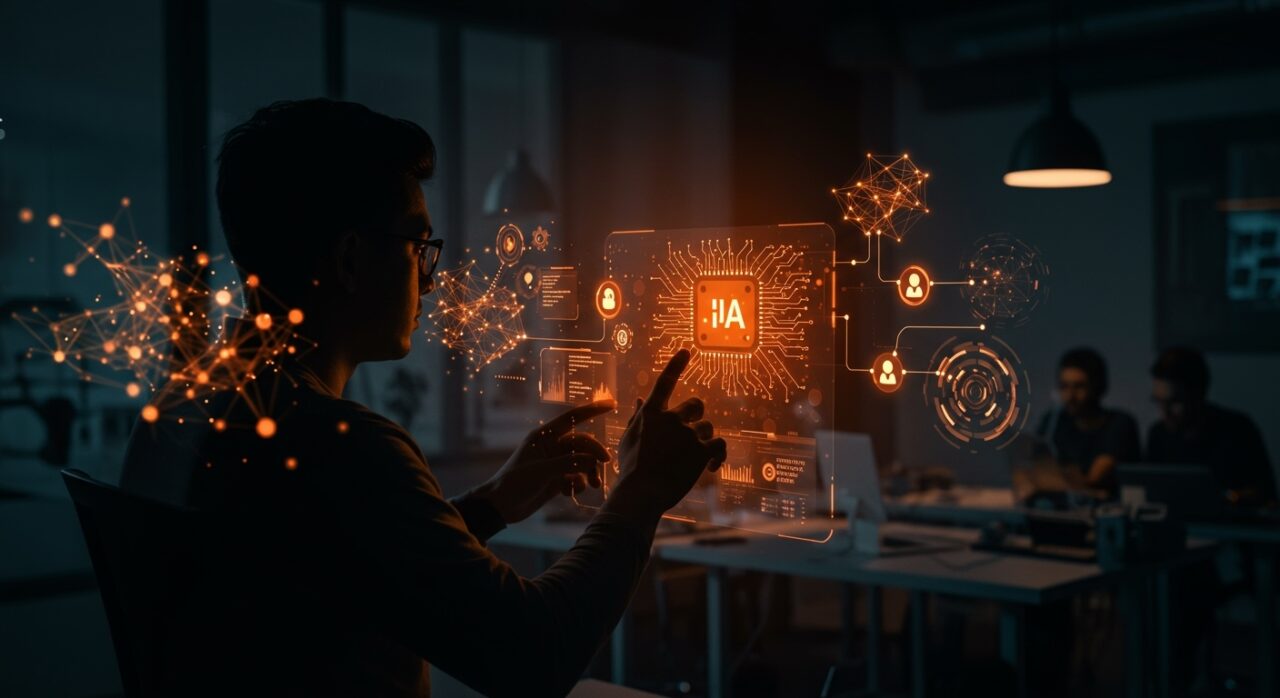 Desarrollador interactuando con interfaz digital que representa agentes de IA y automatización en desarrollo de software enfocado en contexto y workflows.