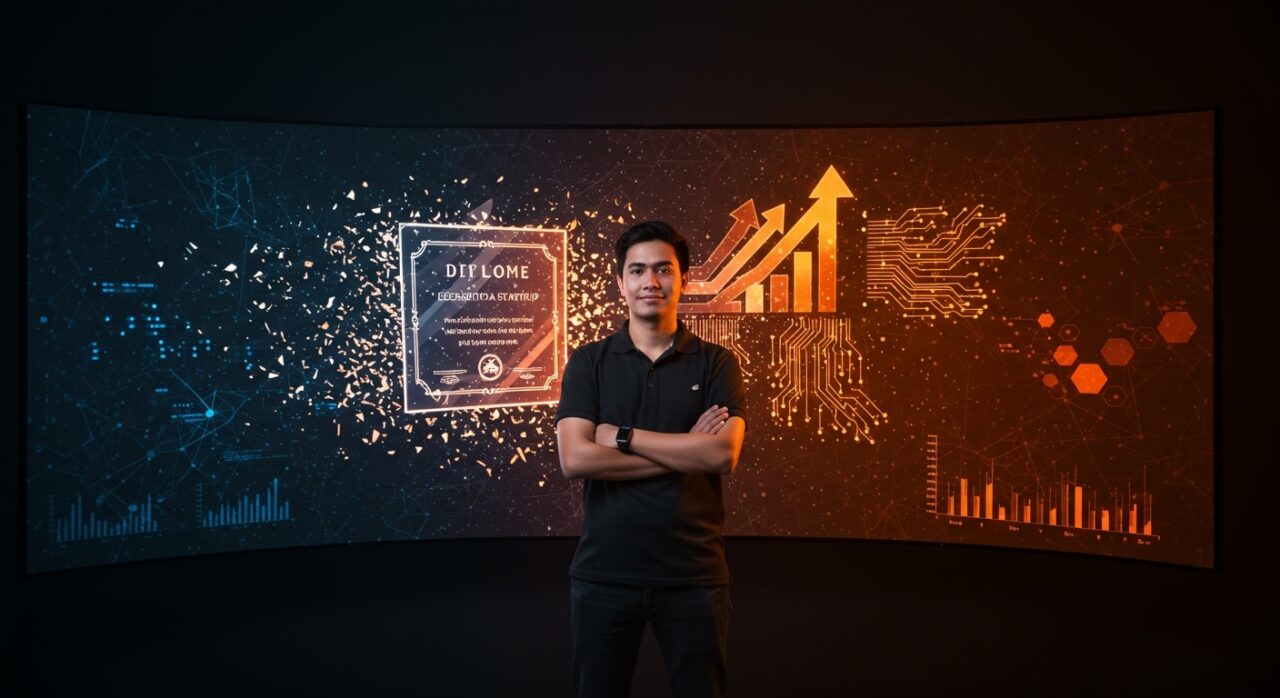 Founder de startup con fondo de redes neuronales y gráficos de pitch, simbolizando el atractivo del college dropout en el ecosistema startup de IA y LATAM.