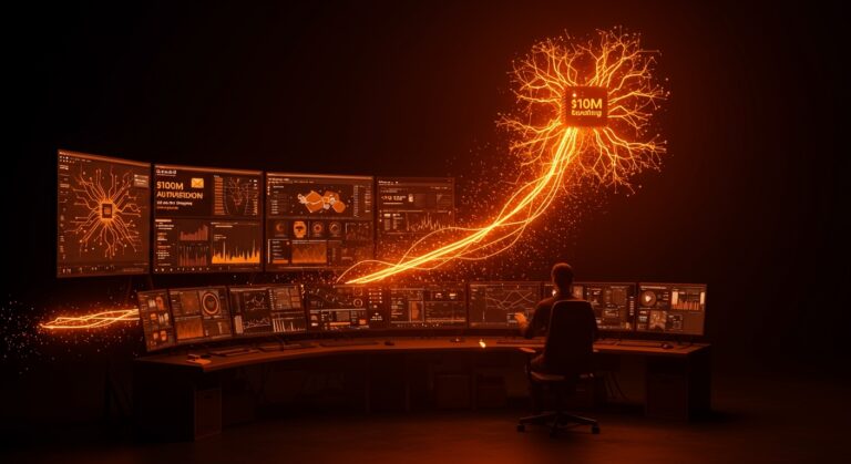 Founder en ambiente tecnológico con IA aplicada y automatización, celebrando $100M de funding en startup SaaS para competir con Spotify Backstage.