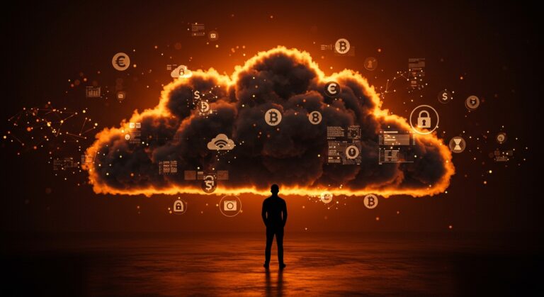 Fundador de startup frente a la nube digital enfatizando la importancia del anonimato y la privacidad digital en SaaS y servicios cloud.