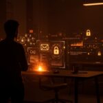 Fundador de startup tecnológica observando interfaces digitales que simbolizan privacidad, seguridad y tecnología blockchain en un entorno oscuro con tonos naranja y negro.