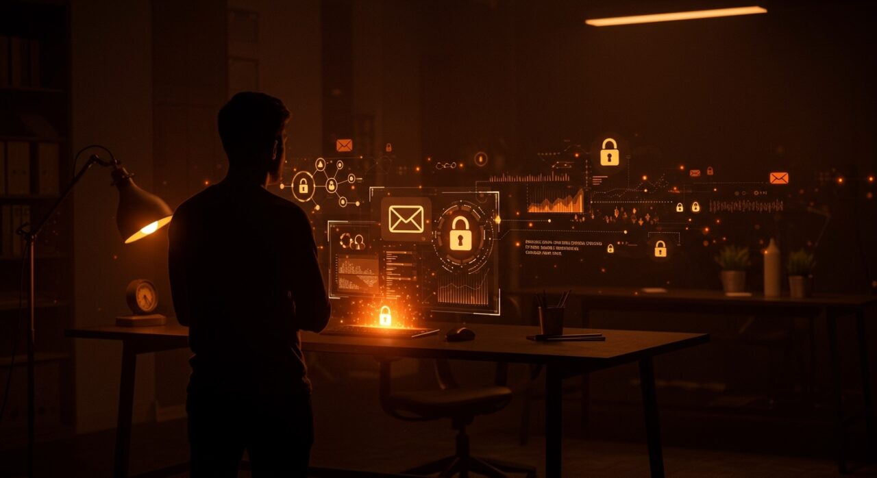 Fundador de startup tecnológica observando interfaces digitales que simbolizan privacidad, seguridad y tecnología blockchain en un entorno oscuro con tonos naranja y negro.