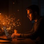 Founder programando en un espacio de startup moderno con elementos visuales que representan proyectos de software y automatización tecnológica.