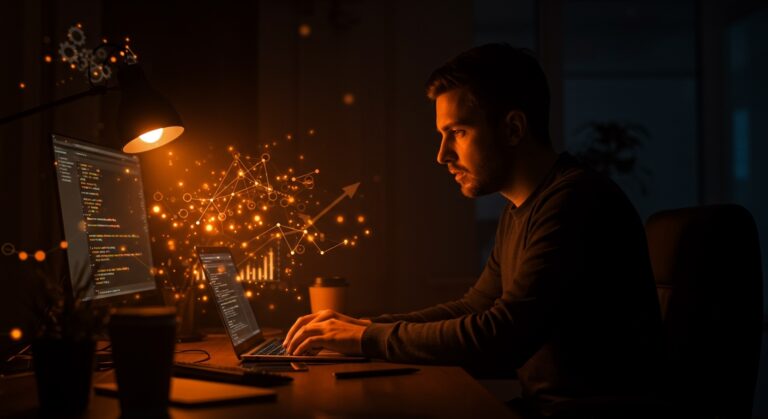 Founder programando en un espacio de startup moderno con elementos visuales que representan proyectos de software y automatización tecnológica.