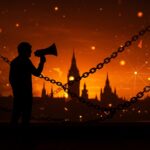 Protesta y regulación en el Reino Unido con metáforas visuales sobre seguridad nacional y nuevas leyes de seguridad.