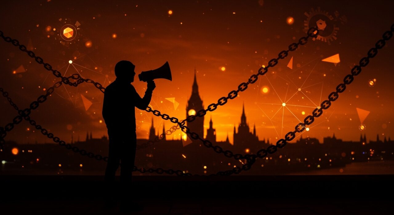 Protesta y regulación en el Reino Unido con metáforas visuales sobre seguridad nacional y nuevas leyes de seguridad.