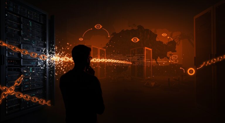 Founder de startup tech frente a servidores que se trasladan fuera de Suiza por leyes de vigilancia y privacidad, simbolizando el impacto en la regulación tecnológica.