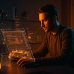 Founder tech utilizando Python para análisis de datos y machine learning en un entorno digital con gráficos abstractos de ciencia de datos.