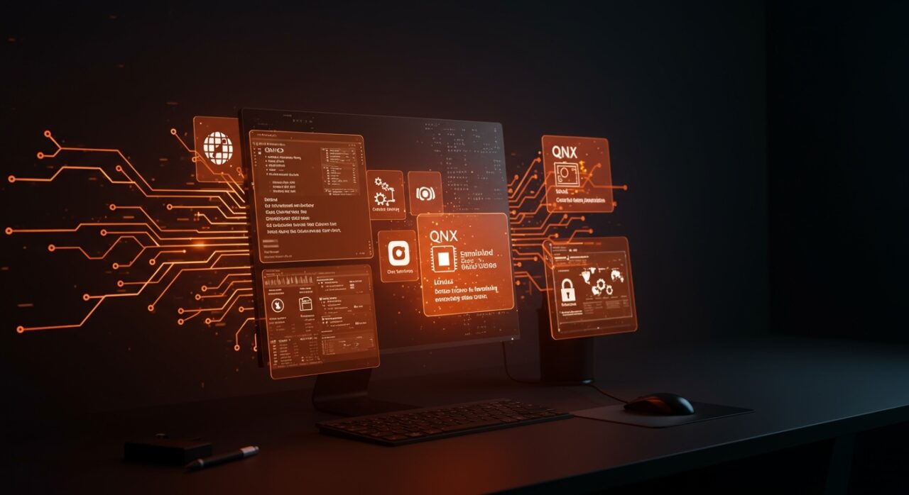 Espacio de desarrollo de software embebido con escritorio virtual QNX y virtualización segura en Ubuntu, destacando portabilidad y tecnología multicanal.