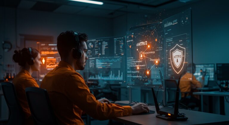 Equipo técnico analizando retiro de DNS-over-HTTPS vía HTTP/1.1 por Quad9 y sus alternativas seguras en protocolos de red.