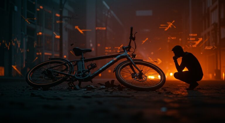 Bicicleta eléctrica caída simbolizando la bancarrota de Rad Power Bikes y aprendizajes para startups de hardware en LATAM.