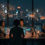 Desarrolladores de IA colaborando con hologramas de protocolos de seguridad en Nueva York, reflejando la nueva regulación de IA y su impacto en startups LATAM.