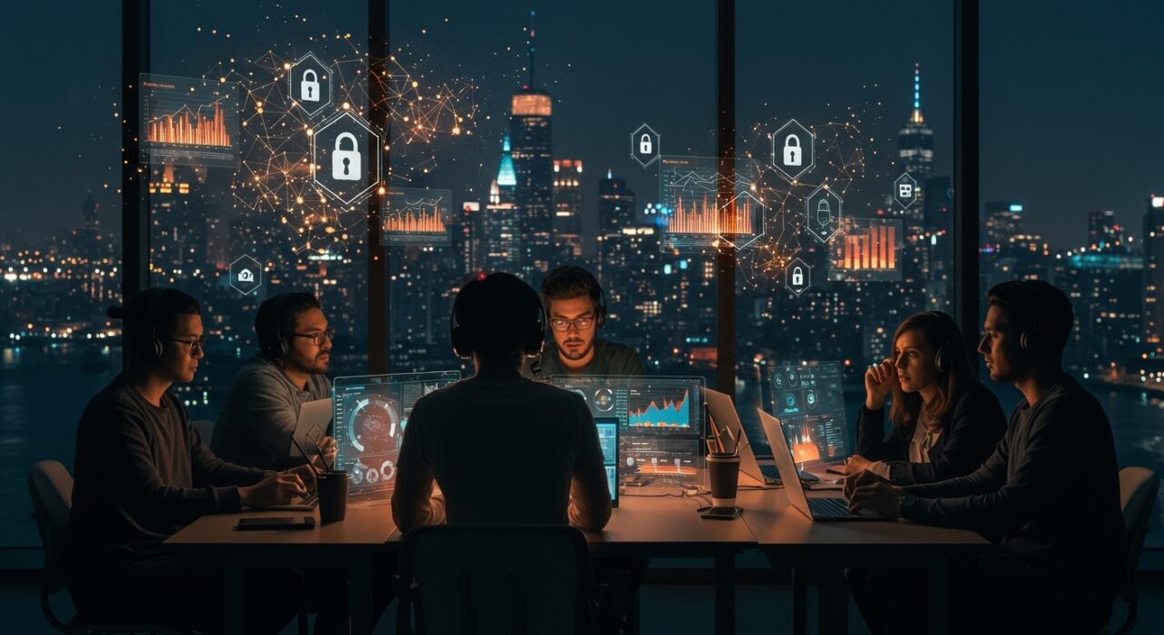 Desarrolladores de IA colaborando con hologramas de protocolos de seguridad en Nueva York, reflejando la nueva regulación de IA y su impacto en startups LATAM.