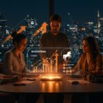 Fundadores colaborando con hologramas de startups y unicornios en un entorno futurista que refleja las tendencias y valuaciones del mercado tecnológico latinoamericano en 2025.