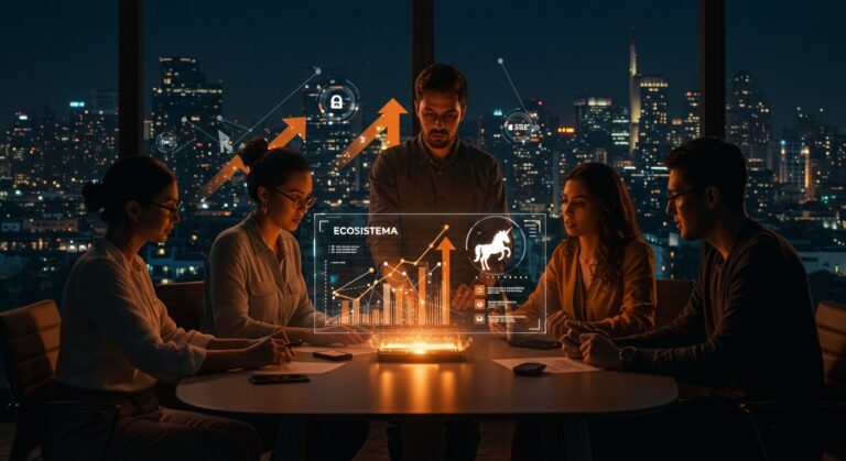 Fundadores colaborando con hologramas de startups y unicornios en un entorno futurista que refleja las tendencias y valuaciones del mercado tecnológico latinoamericano en 2025.