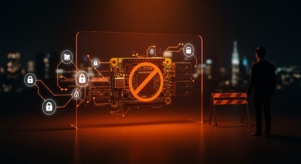 Raspberry Pi bloqueado en evento masivo en Nueva York, ilustrando la regulación tecnológica y seguridad para founders LATAM.