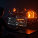 Defensa visual de la vulnerabilidad React2Shell CVE-2025-55182 en aplicaciones SaaS y Next.js con seguridad informática avanzada.