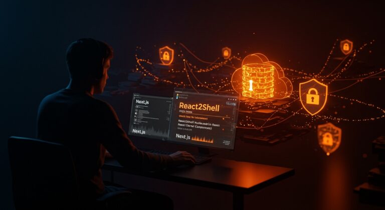 Defensa visual de la vulnerabilidad React2Shell CVE-2025-55182 en aplicaciones SaaS y Next.js con seguridad informática avanzada.
