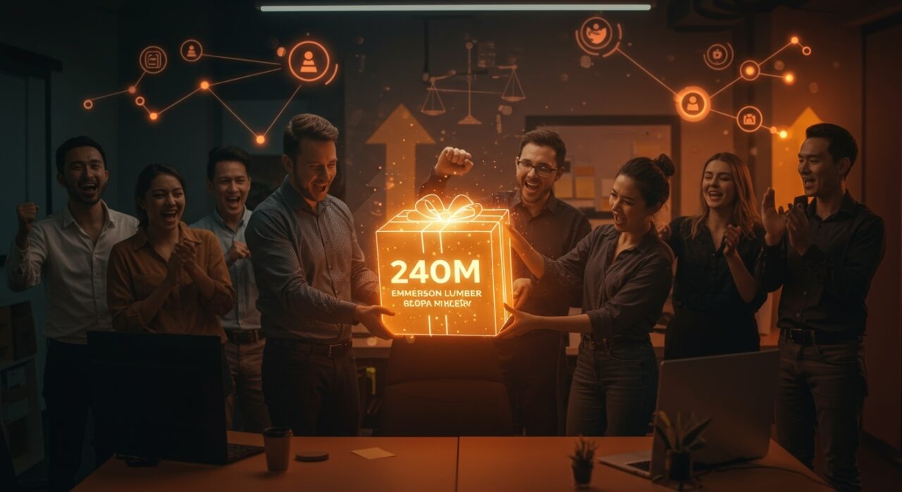 Recompensas para empleados de Emmerson Lumber, ilustrando la cultura empresarial, lealtad y bonificaciones en un entorno corporativo inspirador.