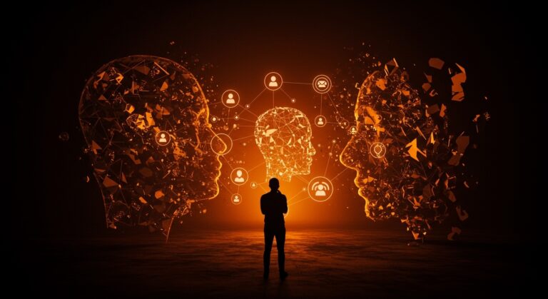 Fundador analizando redes sociales y regulación digital en LATAM con metáforas visuales sobre impacto social y salud mental.