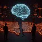 Conflicto entre regulación federal y estatal de IA en Estados Unidos, representado con mapas digitales, políticos y una red neuronal abstracta, destacando la incertidumbre en la industria tecnológica.