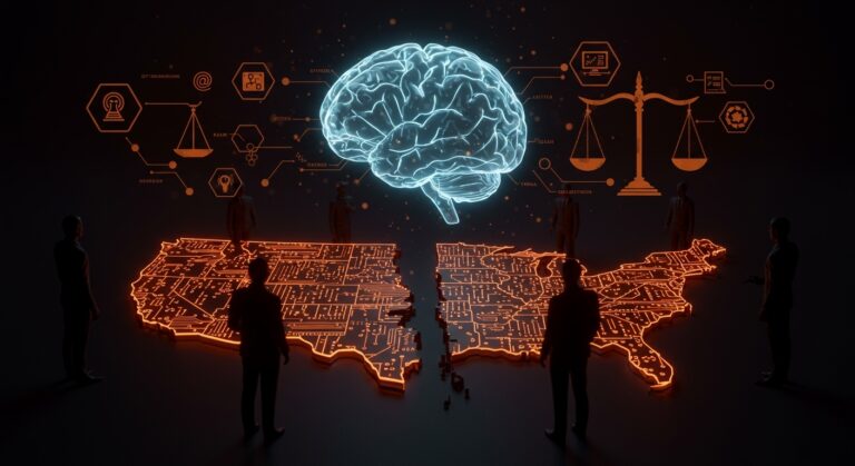 Conflicto entre regulación federal y estatal de IA en Estados Unidos, representado con mapas digitales, políticos y una red neuronal abstracta, destacando la incertidumbre en la industria tecnológica.
