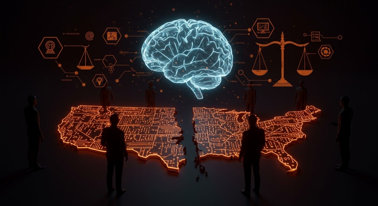 Conflicto entre regulación federal y estatal de IA en Estados Unidos, representado con mapas digitales, políticos y una red neuronal abstracta, destacando la incertidumbre en la industria tecnológica.