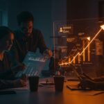 Founders de SaaS revisando notas de lanzamiento digitales, representando mejores prácticas en comunicación técnica y gestión ágil de productos.